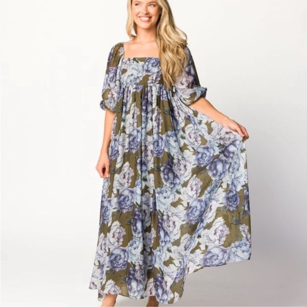 Storia Olive Green Maxi Dress with Blue Floral Print
